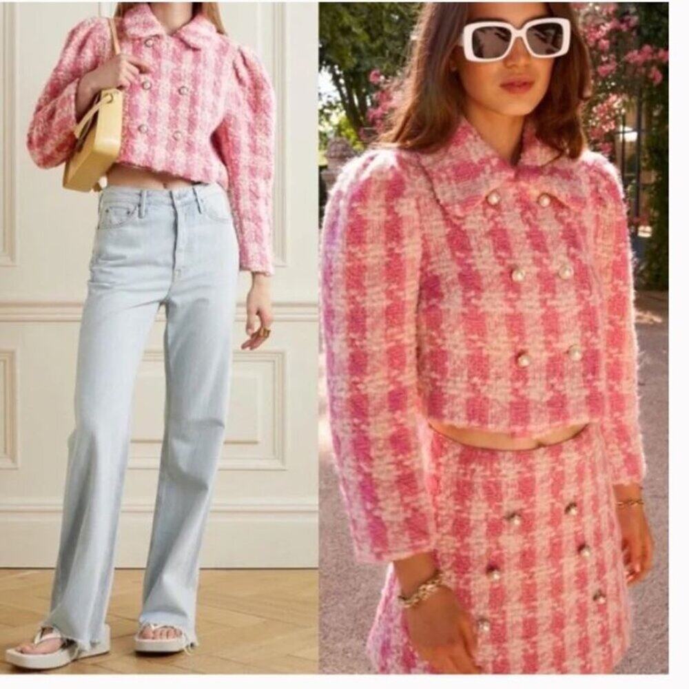 Loveshackfancy Tweed Wool Cropped Double-Breasted Jacket Plaid Pink Sz 0
